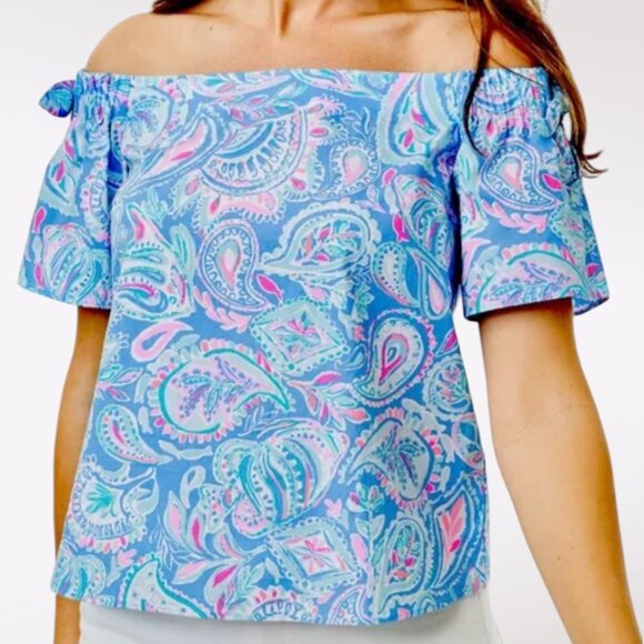 Lilly Pulitzer Off Shoulder Paisley Cotton Top Blue Pink Size Small - Picture 1 of 10